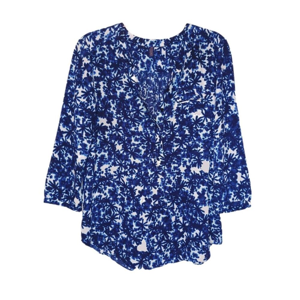 NYDJ Blue Star Collarless 1/4 Button Tunic Blouse Size M Oversized Careerwear